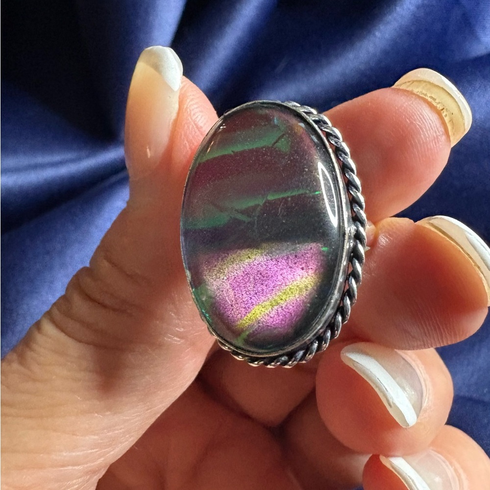 Ring Dichroic Glass Stone Silver Blue Green Flash Statement - Picture 3 of 9